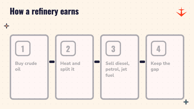 Four steps: buy crude oil, heat and split it, sell diesel, petrol and jet fuel, keep the gap