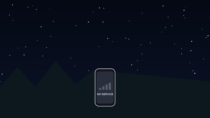 A phone in the mountains says No Service, then a satellite passes over and the signal bars fill up