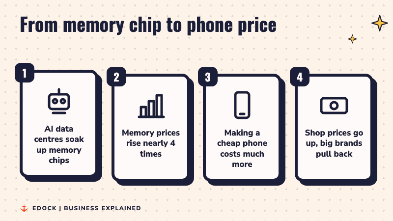 Four steps: AI data centres use memory chips, memory prices rise nearly four times, cheap phones cost more to make, shop prices rise
