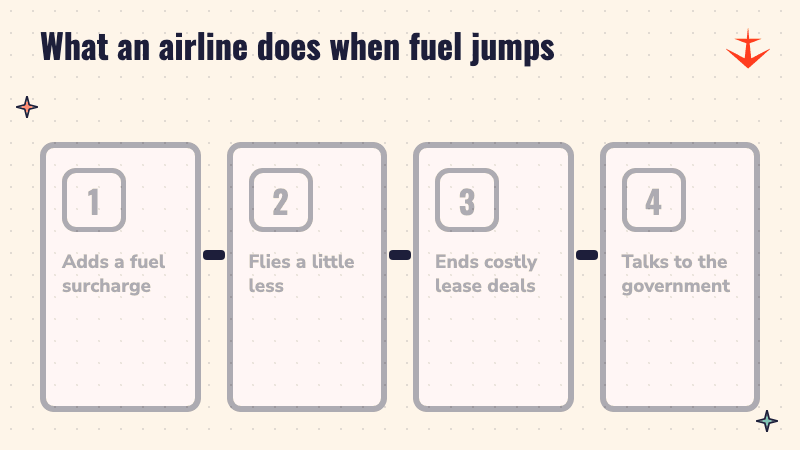Four steps an airline takes when fuel costs jump: surcharges, fewer flights, ending costly deals, and talks with the government