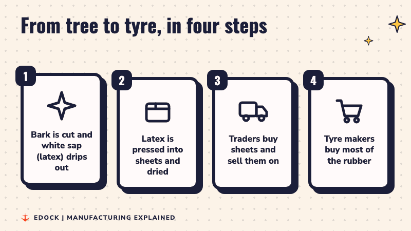 Four steps: bark is cut and latex drips out, latex is pressed into sheets, traders buy the sheets, tyre makers buy most of the rubber