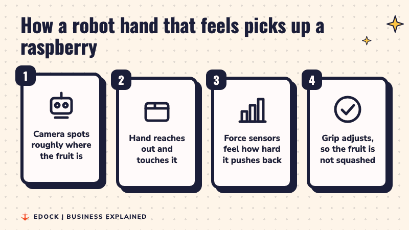 Four steps: a camera spots the fruit, the hand touches it, force sensors feel the push back, the grip adjusts so the fruit is not squashed