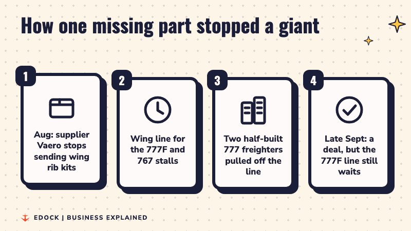 Four steps showing how a missing wing rib kit stalled Boeing's 777 freighter line