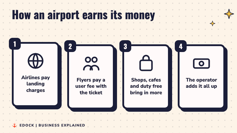 Four steps showing how an airport earns: airlines pay landing charges, flyers pay a user fee, shops and duty free bring in more, the operator adds it all up