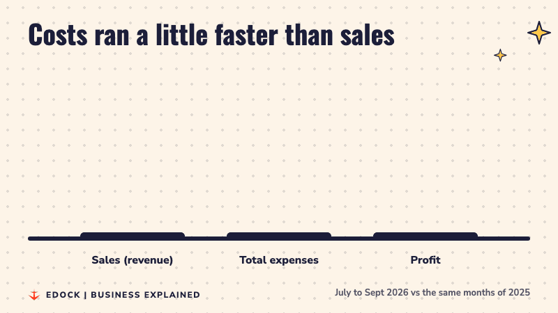 Three bars compare growth: sales up 23.65%, total expenses up 24.34% in vermilion, and profit up 6.31%