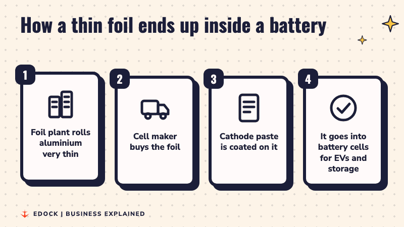 Four steps: a plant rolls aluminium thin, a cell maker buys the foil, cathode paste is coated on it, and it goes into battery cells